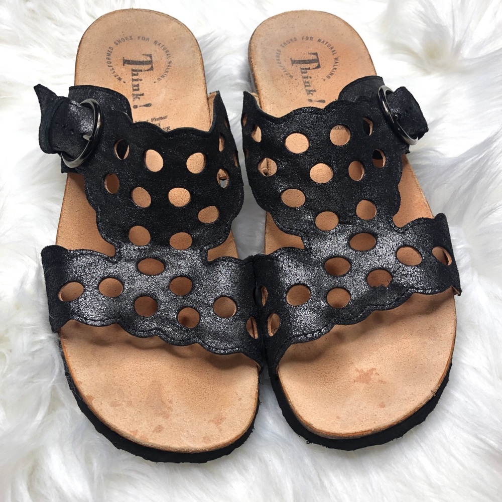 Think! Laser cut cork soled slip on sandals EU38